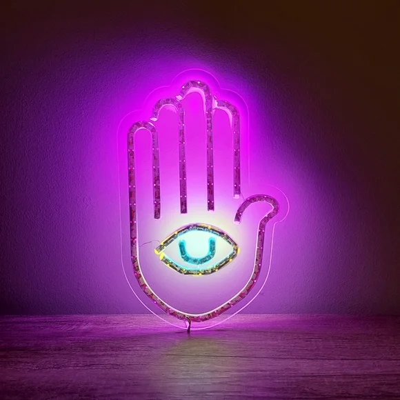 LAST ONE! Purple Hamsa Hand Fatima Evil Eye Neon Light Lamp Wall Sign Hanging - Picture 1 of 8